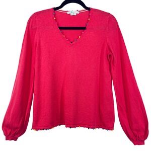 Boden Pom Pom V Neck Sweater Bright Pink Balloon Sleeve Women's Size‎ S